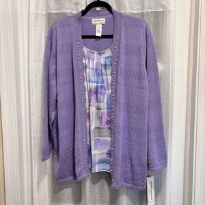 NWT Alfred Dunner Lavender Knit Cardigan and Built in Tank Set Pearls 2X